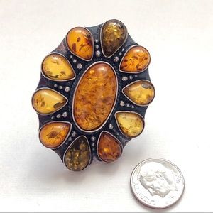 Stunning Gigantic Vintage Polish Amber Sterling Silver Ring